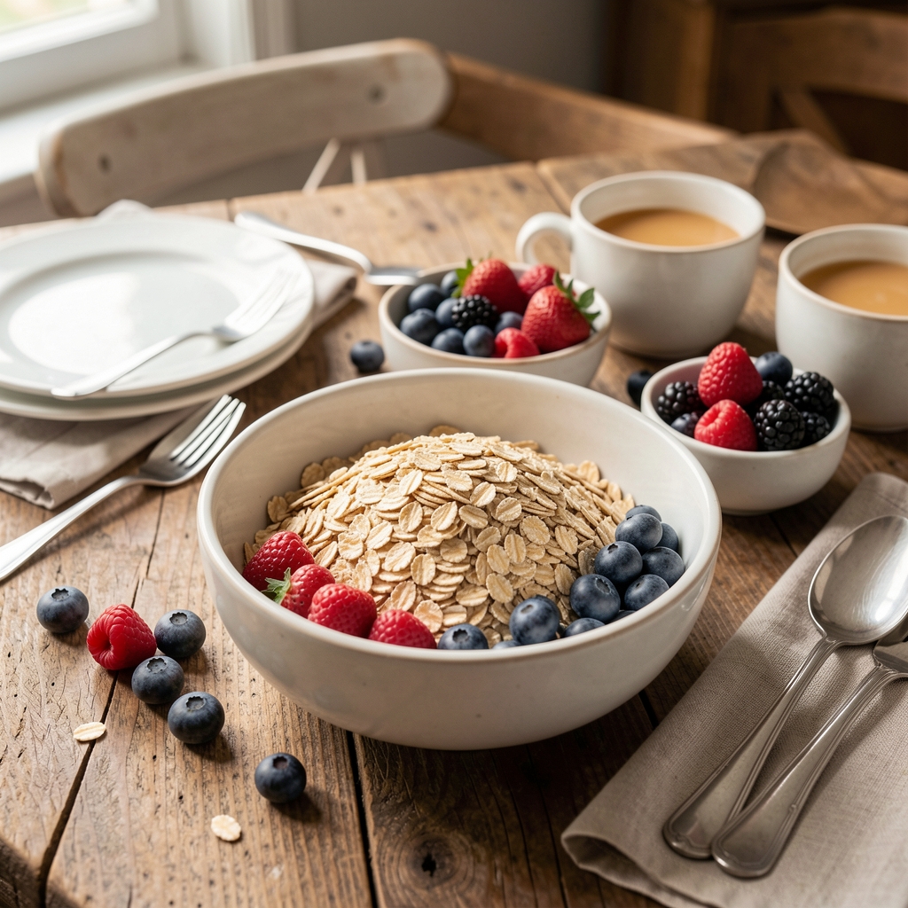 Frühstückstisch mit Haferflocken, frischen Beeren und einem Glas Wasser, gedeckt auf Holzoberfläche