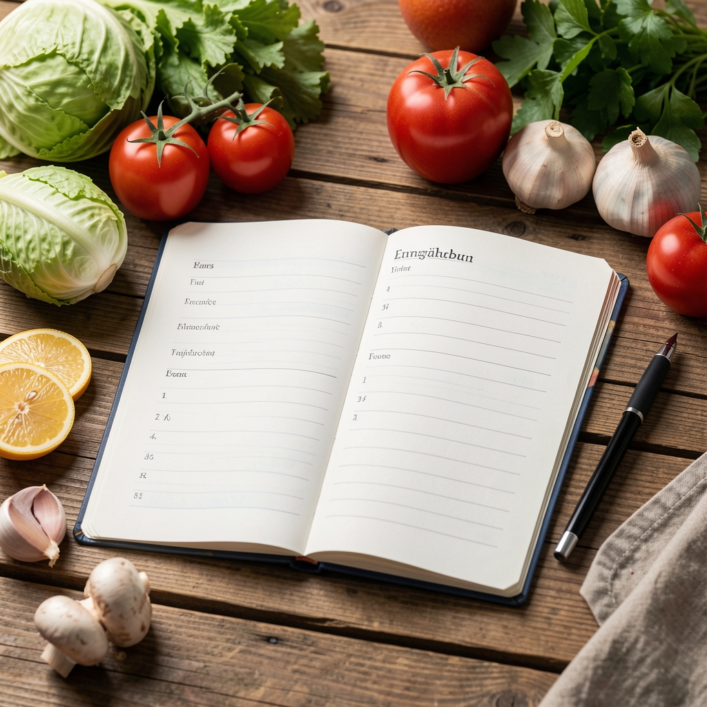 Offenes Ernährungstagebuch auf einem Holztisch mit frischen Zutaten und einem Stift daneben