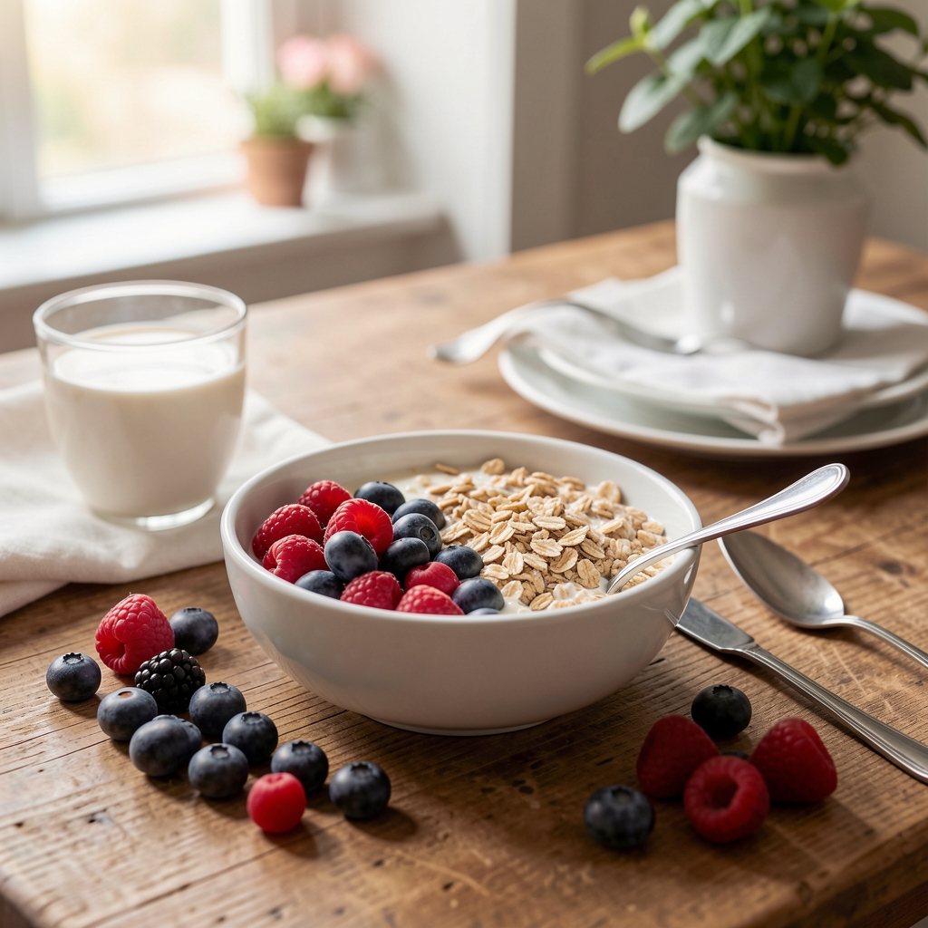 Frühstückstisch mit portioniertem Haferfrühstück in einer weissen Schüssel, frische Beeren und Glas Wasser, natürliches Licht